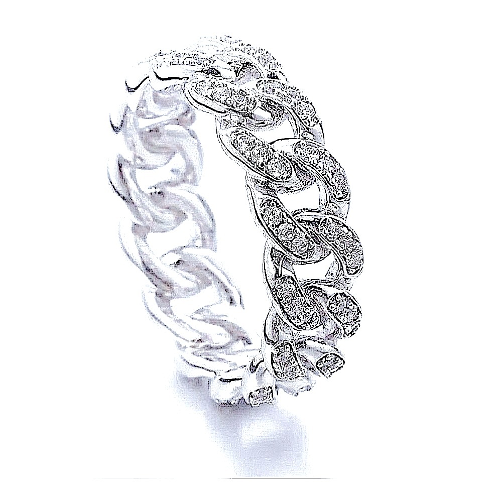 8mm Iced White Gold Plated Sterling Cuban Chain Ring,‎ Adjustable